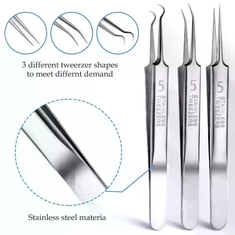 3Pcs Set Stainless Steel Blackhead Removal Tweezers With A Plastic Box High Precision And Durability Blackhead Removal Tweezers