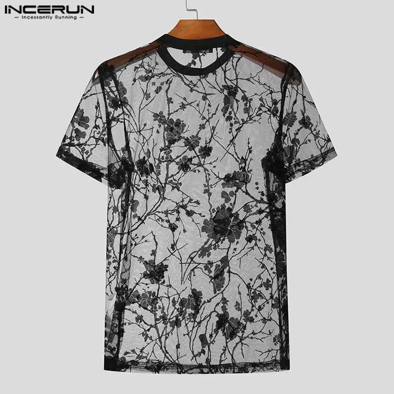 INCERUN Tops 2024 American Style Men\'s Sexy See-through Printed T-shirts Leisure See-through O-neck Short Sleeved Camiseta S-5XL