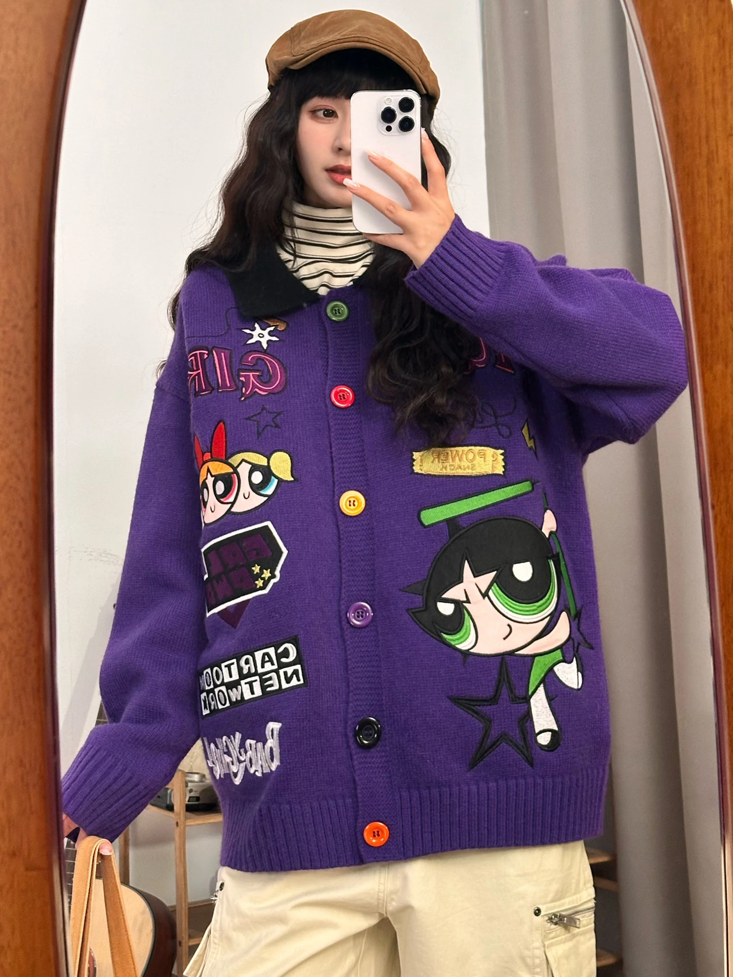 

Новый женский вязаный свитер с вышивкой в мультяшном стиле, утепленный, фиолетовый, осенне-зимний, уличный стиль, свободный крой, длинный рукав