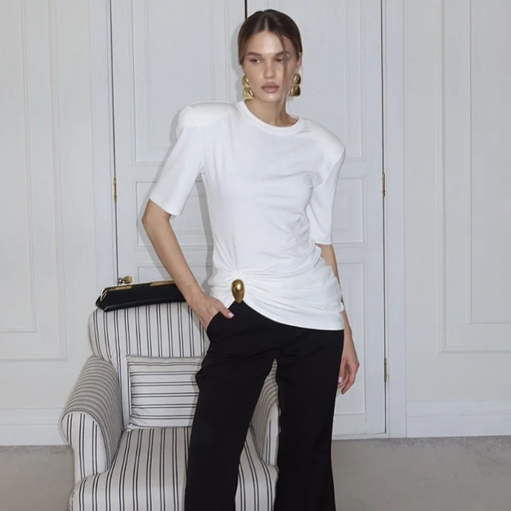 

FL New Women'S Fashionable And Slim-Fitting Pure-Color T-Shirt Perfect For Holiday And Casual Wear Featuring Decorative Elements