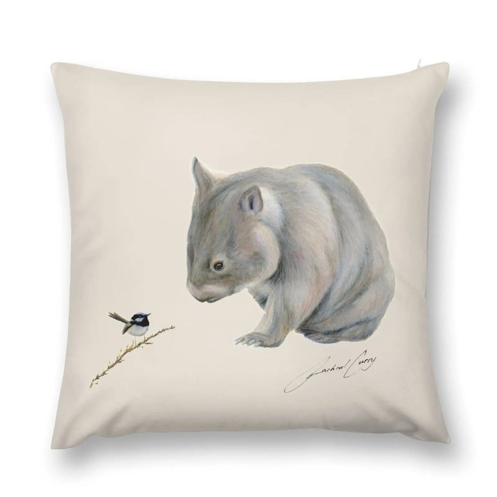 

Wombat and Blue Wren Friends with signature. Superb blue fairy wren. Throw Pillow Pillowcases Cushion Covers Sofa pillow