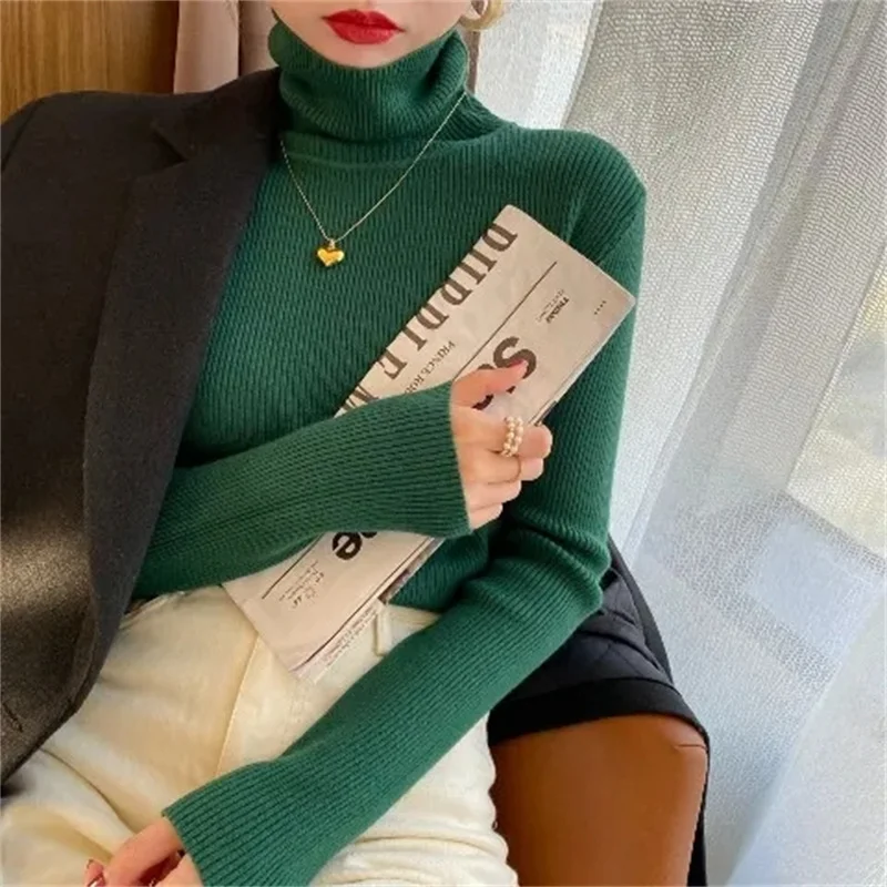 2024 New Autumn Basic Bottoming Sweater Top Women Ribbed Soft Turtleneck Long Sleeve Elastic Pullover Warm Solid Color Slim Jump