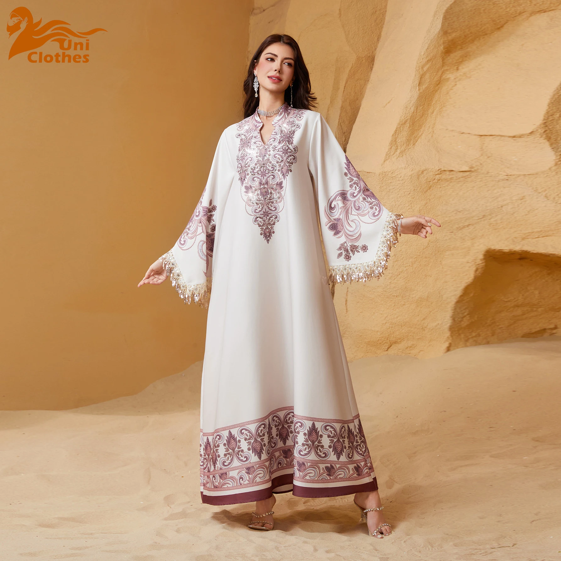 

UNI Women Dresses Muslim Abaya Jalabiya Diamond Tassel Islam Vestidos Arab Robe Eid Ramadan Dubai Abaya Party Dress