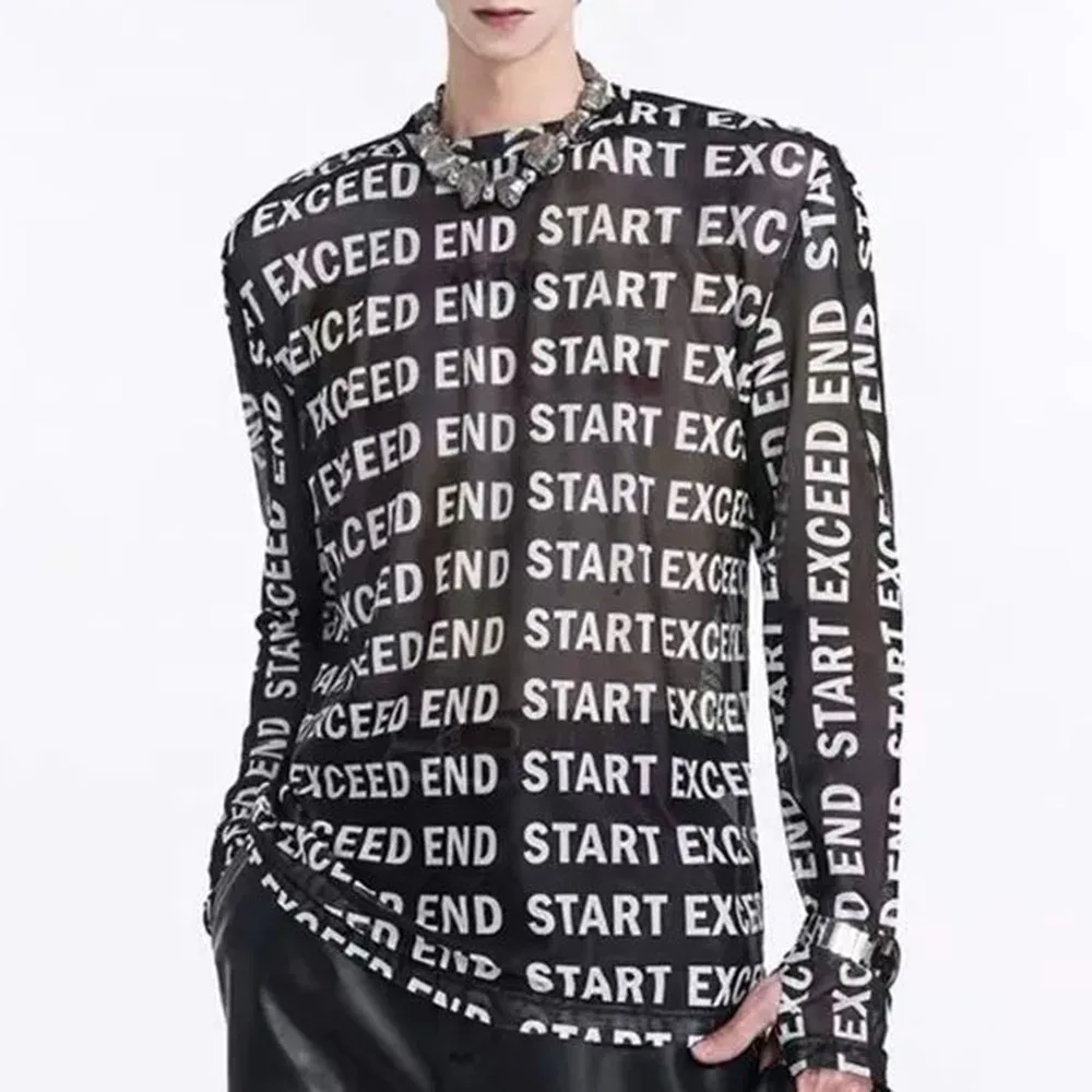 Mens Tops Fashion Letter Print Mesh Bottoming Shirt Men 2024 New American High Street Inner Wear Boys Hollow Long Sleeve T-Shirt