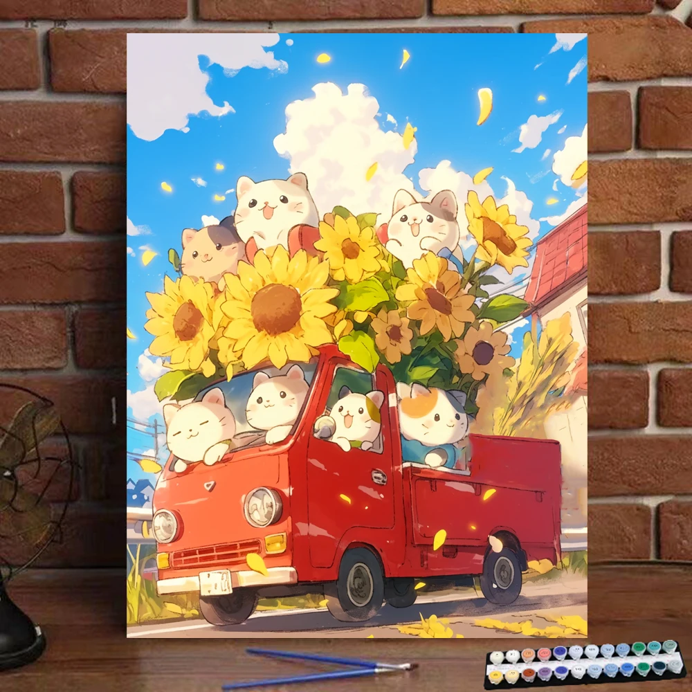 Painting by Numbers Cat Sunflower Car Art Culture Digital Painting Handmade Adult Children Gift Wall Decoration Dig