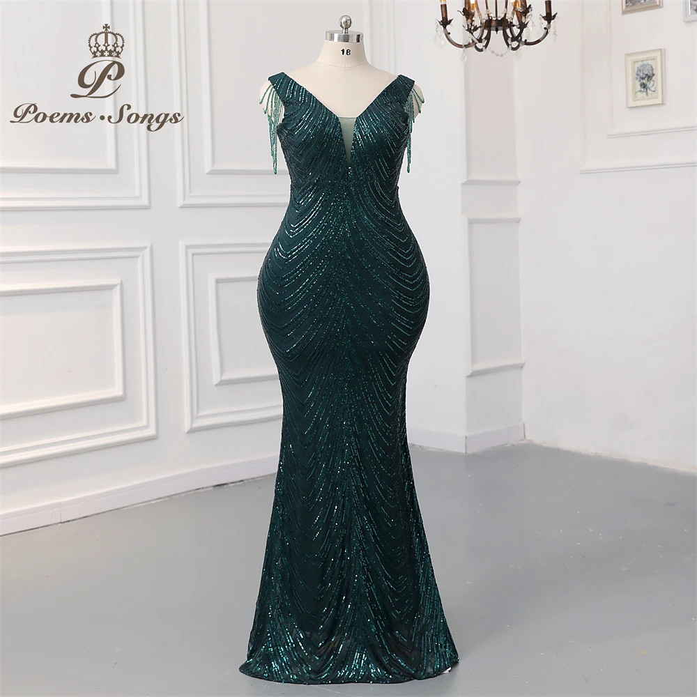 

Long Women's Dark Green Evening Dresses with Tassels V Neckline Robe De Soiree De Mariage Formal Occasion Dresses Maxi dress