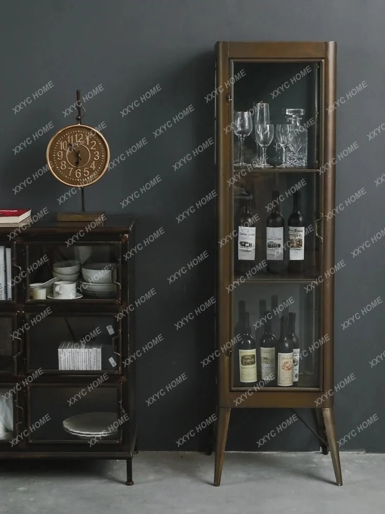 Style Retro Glass Wine Cabinet Iron Multi-Layer Display Metal Sideboard Cabinet