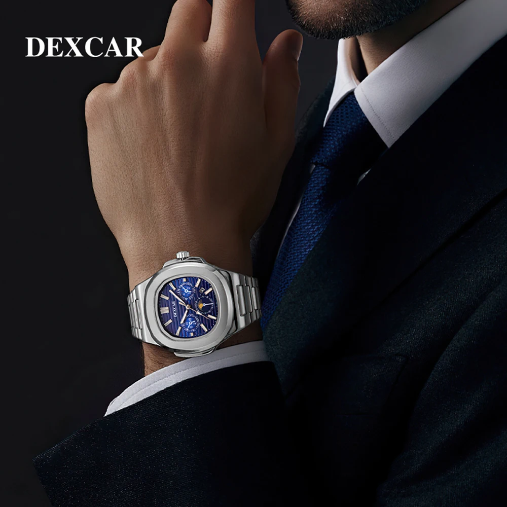 2024 New DEXCAR Dark Blue Mens Quartz Watches Top Brand Luxury Chronograph Watch For Men Waterproof Stainless Steel Reloj Hombre