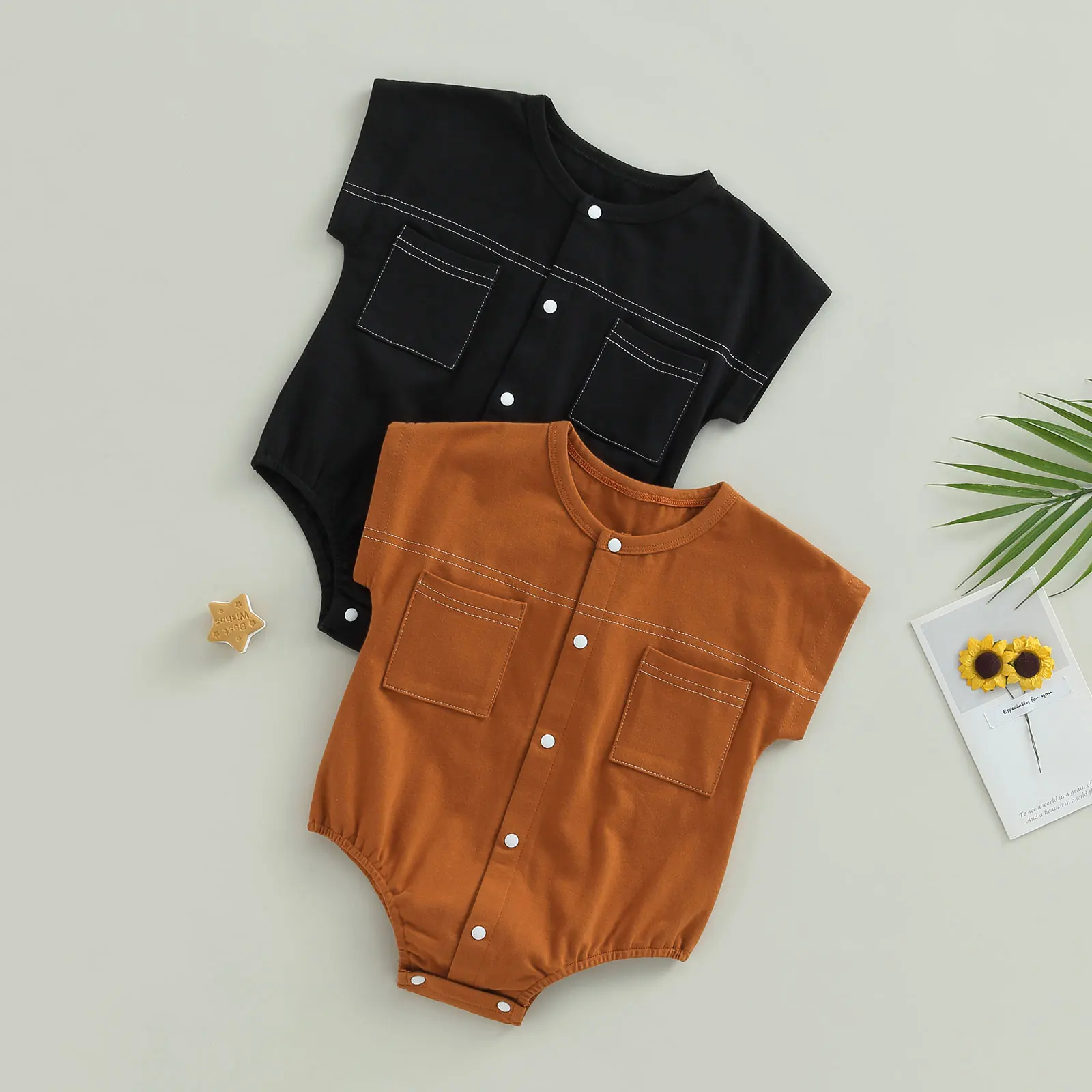 

Baby Boys Summer Jumpsuit Casual Solid Color Short Sleeve Button-up Romper with Pockets for Newborn Infant