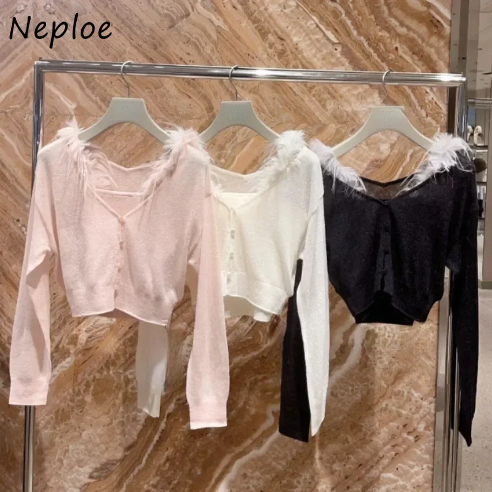 Neploe New Solid Slim All-match Sets Sling Fluffy V Neck Long Sleeve Single Breasted Cardigan Japan Gentle Minority Suits Tops