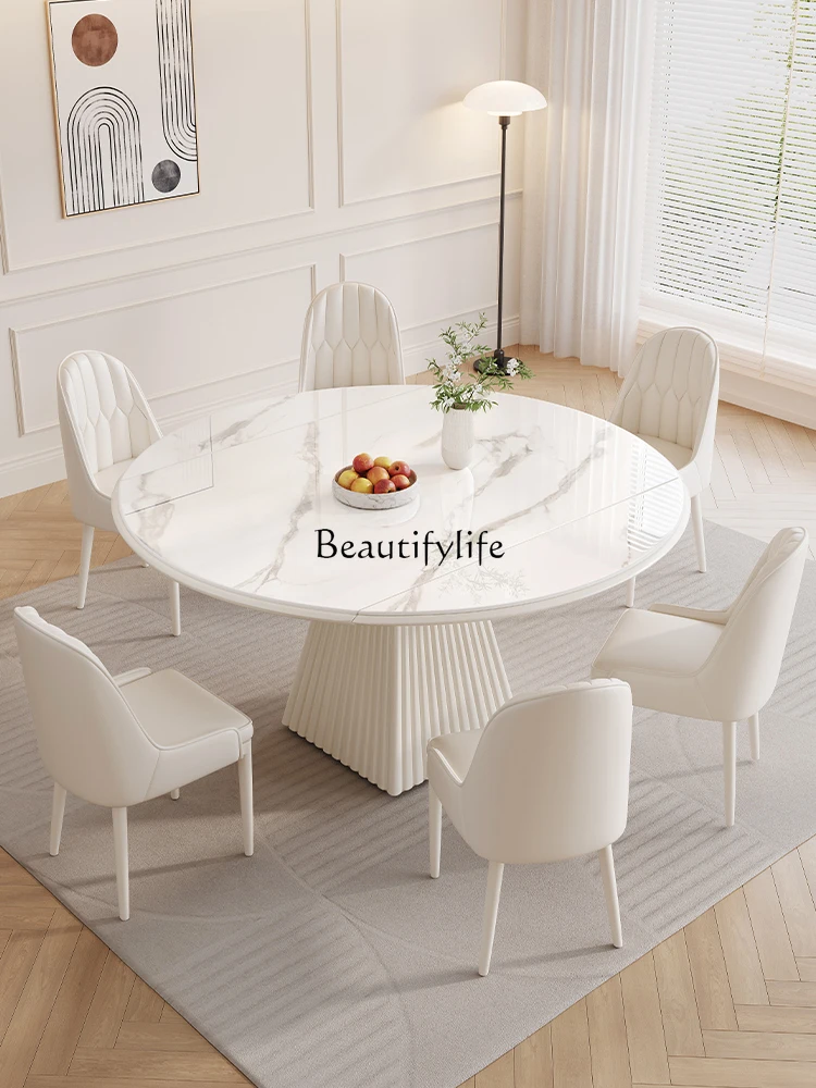 Stone Plate Cream Style Dining Table and Chair Variable round Table Modern Simple and Light Luxury Dining Table 2024 New