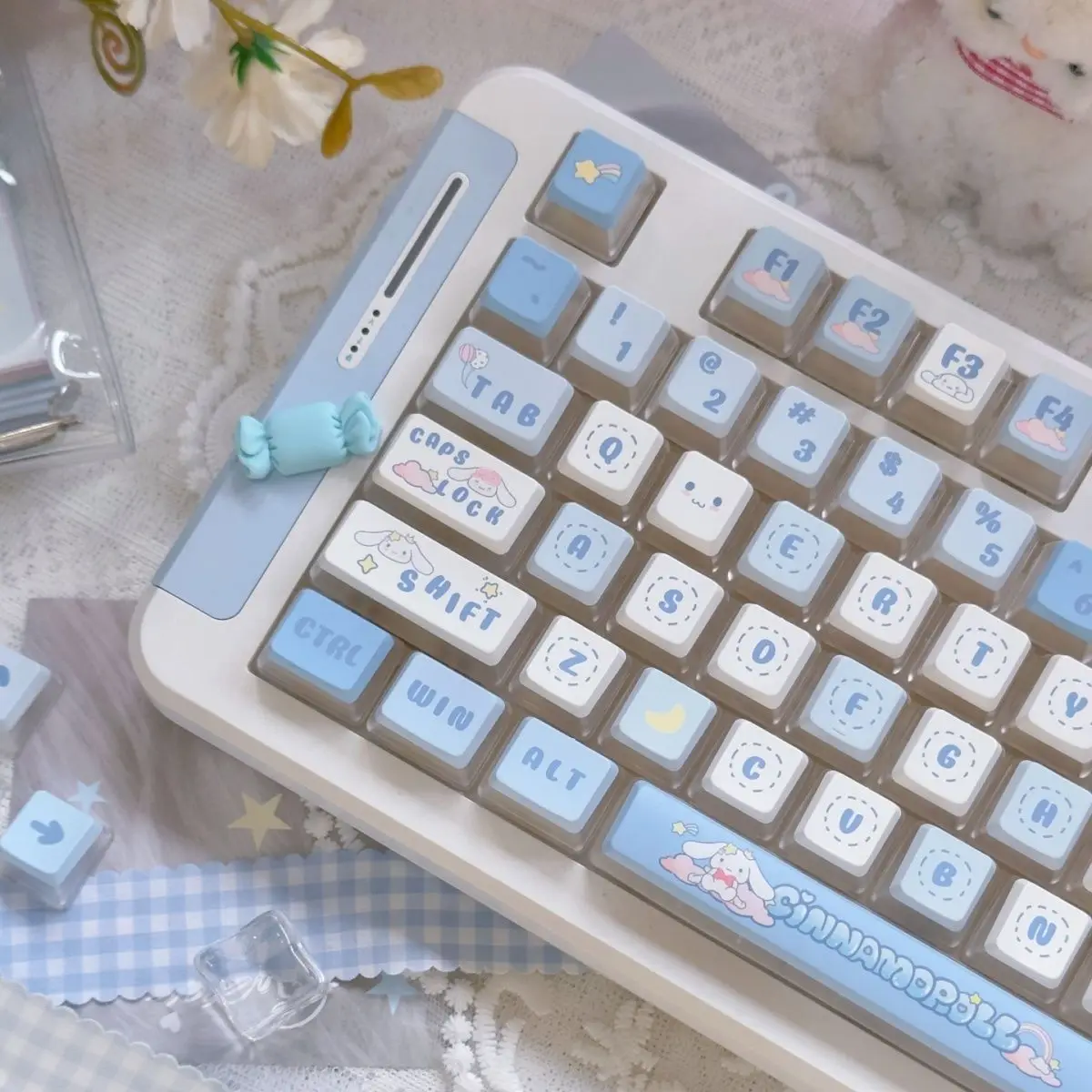 

Kawaii Cute Sanrio Cinnamoroll Pudding Keycaps 128 Keys OEM Profile PBT Translucent MX Switch Gaming Mechanical Keyboard Keycap