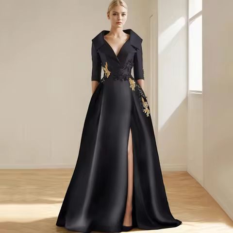 Custom Classic Satin Black Suit Evening Dress V-Neck Half Sleeves A-Line Wedding Party Dress Mother Of the Bride Gowns 2026