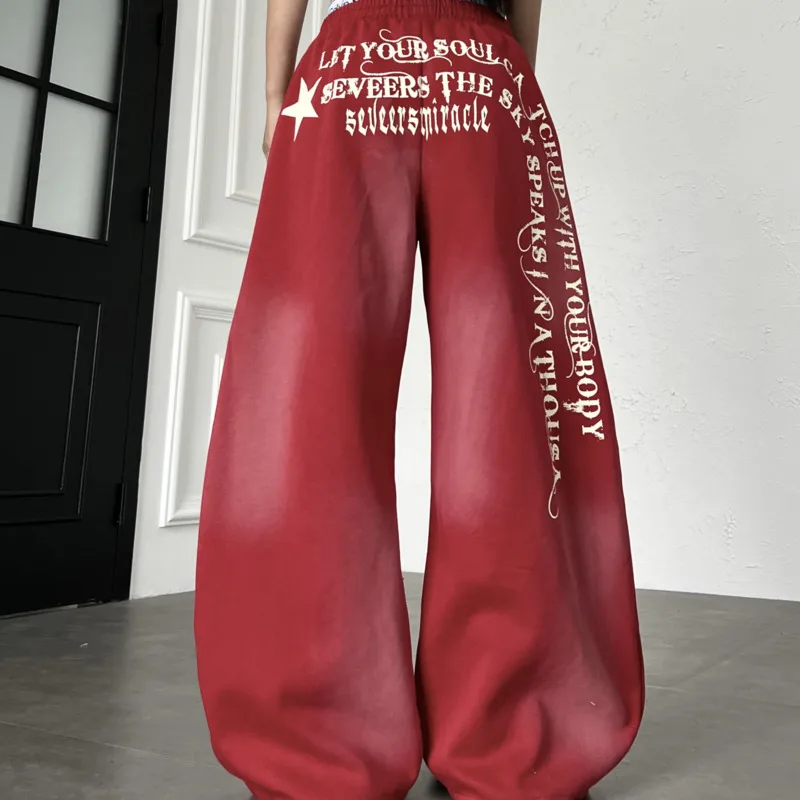 ANJY Spring Autumn New Women American Street Style Letter Print Tie Dye Distressed Sweatpants Loose Wide-leg Casual Pants A23835