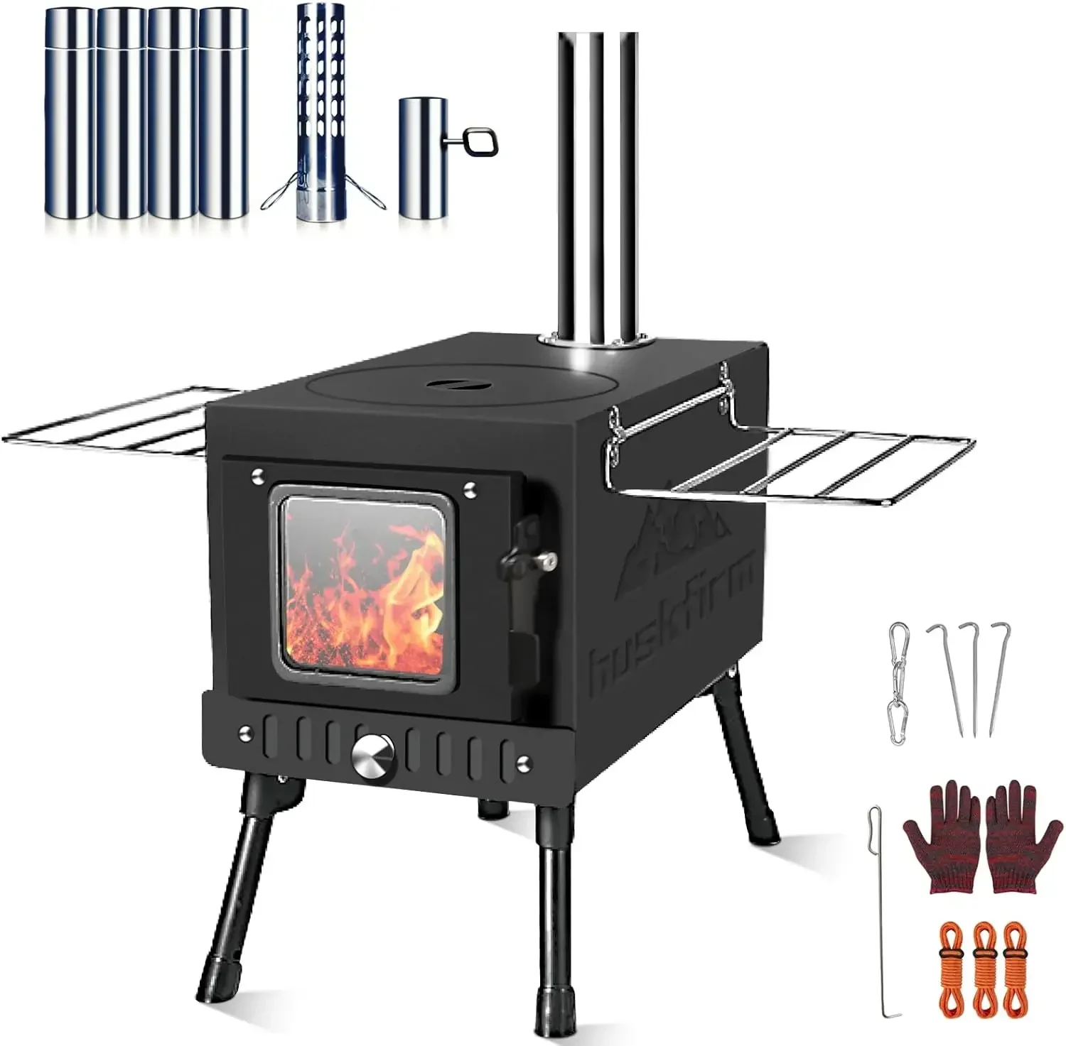 

Portable Folding Wood Burning Camping Stove - Includes Chimney Pipes and Spark Arrestor for Tent Heating and Cooking