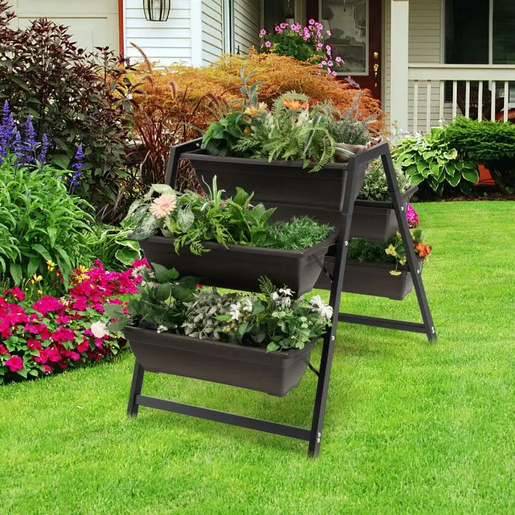 Three-tier vertical garden set with 5 flower pots, outdoor elevated flower pot box, suitable for patios and patios
