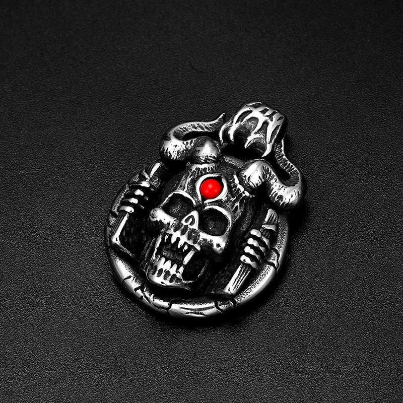 Vintage New Style Turquoise Sheep Horn Satan Skull Pendant Stainless Steel Men Necklace Euro American Punk Jewelry Wholesale HOt