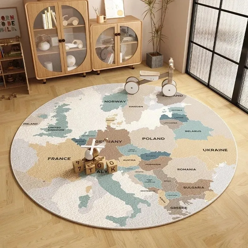 VIKAMA Vintage Europe World Map Round Area Rug Soft Non Slip Kids Playroom Bedroom Educational Floor Decor Mat