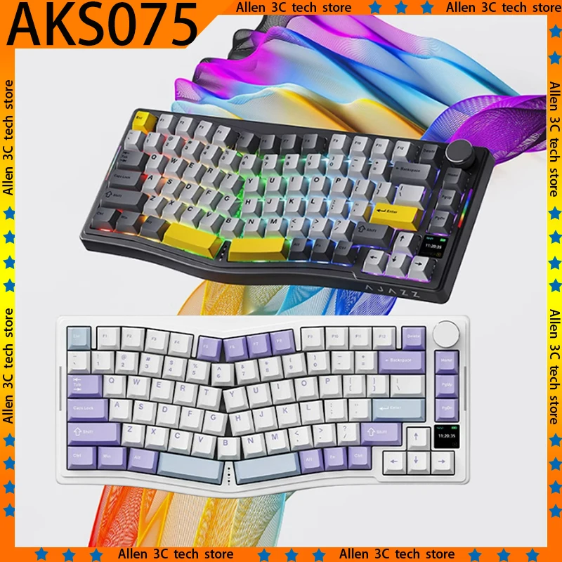 Original AJAZZ AKS075 Mechanical Keyboard Wireless Bluetooth 3-mode TFT Screen Gasket RGB Esports Gamer PC Gaming Keyboard Gifts