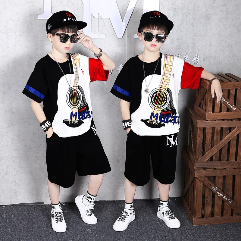 2024 Summer teenager Boys Sports Suit print T Shirt + hip hop shorts Pants Kids Clothes Tracksuit 4 5 6 7 8 9 10 11 12 Years