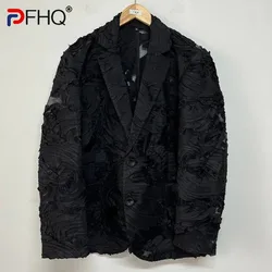 PFHQ Men's Solid Color Suit Jackets Summer Breathable Three-dimensional Floral Perspective Haute Quality Male Blazers 21Z4407