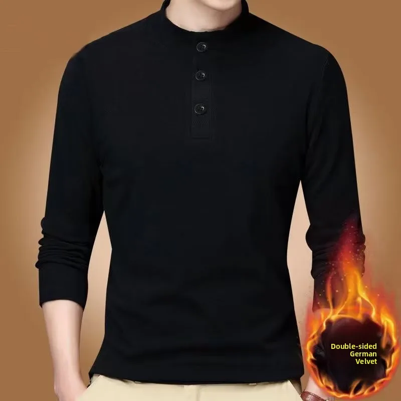 Warmth Double-sided Fleece Button-up Long Sleeve Hoodie Men's Base Shirt T-shirt Spring Autumn New Style Youth Fashion Inner ...