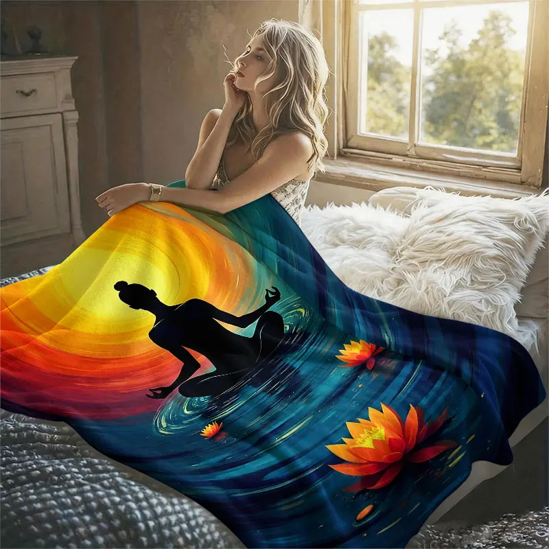 Meditation Flame Lotus Flannel Blanket Perfect for Sofa Office Bed Travel Sleep Read Relax Camping Four Season Use