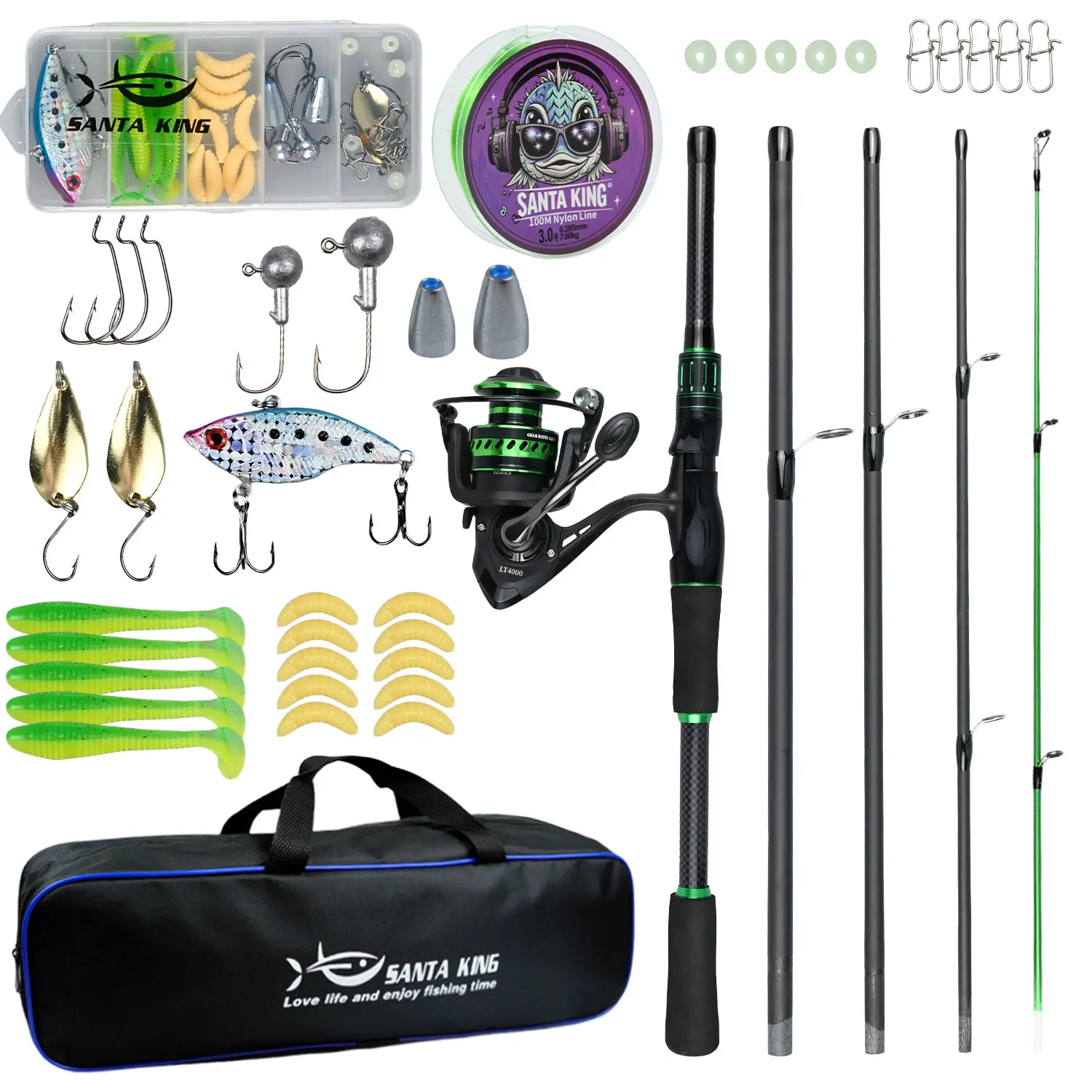 ルアーフィッシングキット-18m-21m-カーボンファイバー製釣り竿、スピニングリール、タックルバッグ、淡水釣り用ルアーフックセット付き