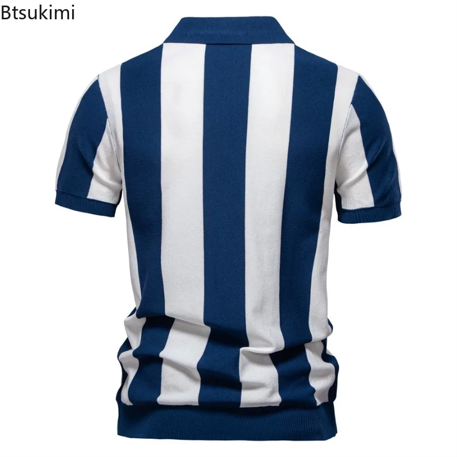 2025 Men's Summer Breathable Stripe Contrast Panel Polo Shirts New Business Casual Short Sleeve Knit Shirt Male Golf Sports Tops