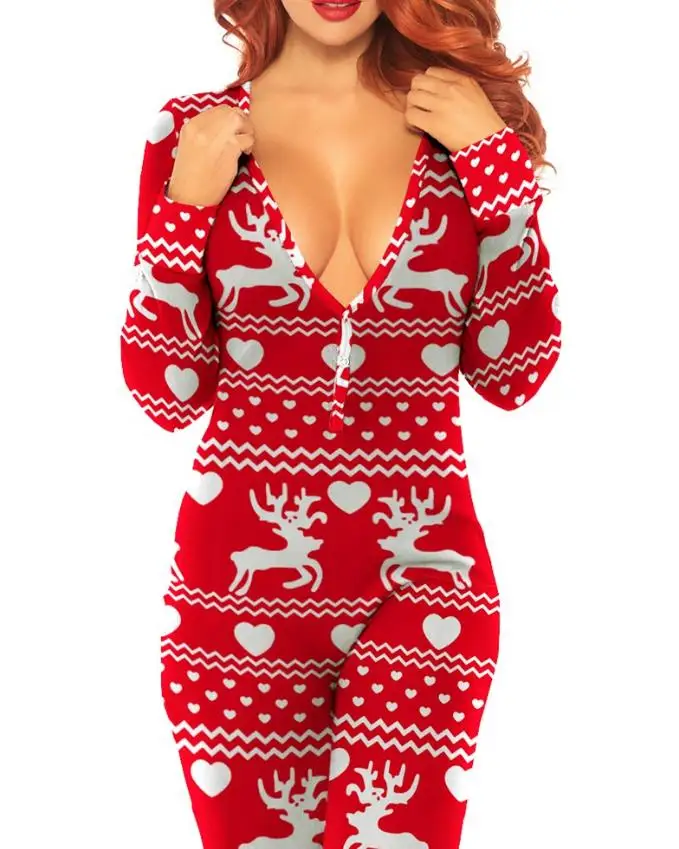 

Women's Romper Sexy V-neck Bodysuit 2025 Autumn winter Latest Christmas Cutout Functional Button Flap Adults Pajamas Jumpsuit