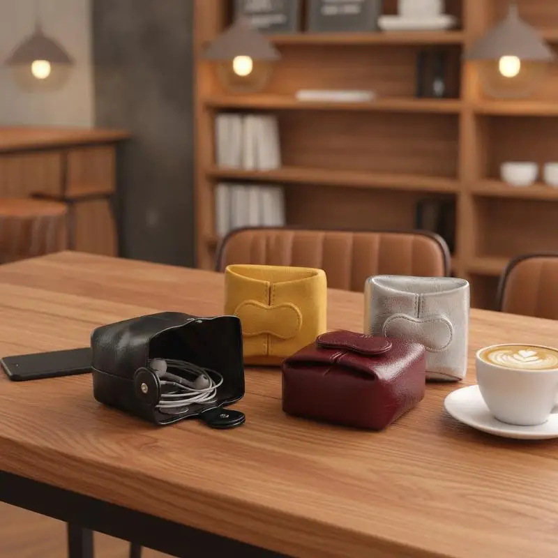 Solid Color Cowhide Heart Coin Purse Multi-function Small Earphone Bag Korean Style Car Key Jewelry Storage Pouch Accessory
