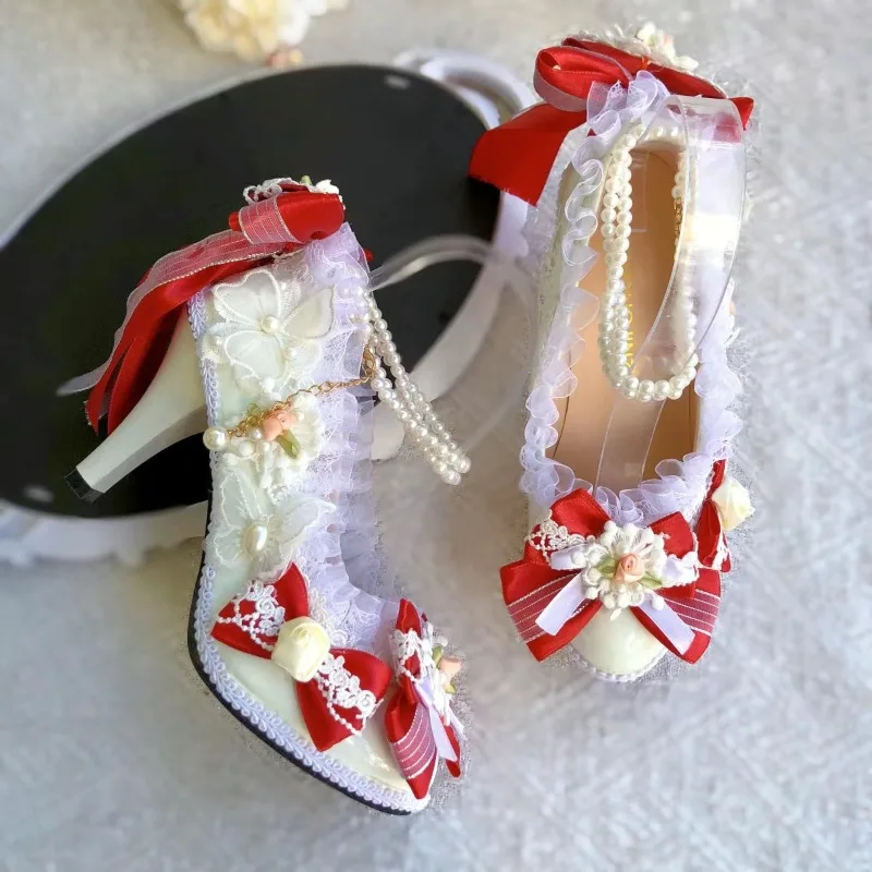 Original Lolita Handmade Gorgeous Flower Wedding Elegant Round Head High Heels Ancient Style Hanfu Womens Shoes Pink Pumps
