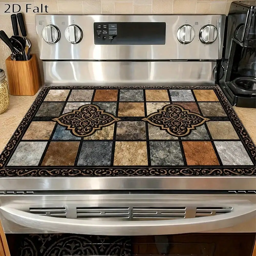 Vintage Pattern Multi - Functional Stove Protector Mat, Heat - Resistant, Wear - Resistant, Dirt - Resistant, Durable, Easy To Clean, Reusable, Suitable For Gas Stove, Glass Cooktop, Induction Cooker, Oven, Washer And Dryer Top