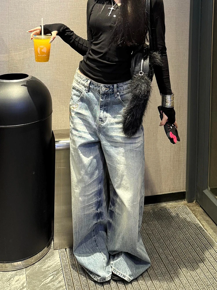 

American Style Large Size Retro Washed Embroidered Denim Pants Women's High Waist Loose Drapey Wide Leg Knife Jeans