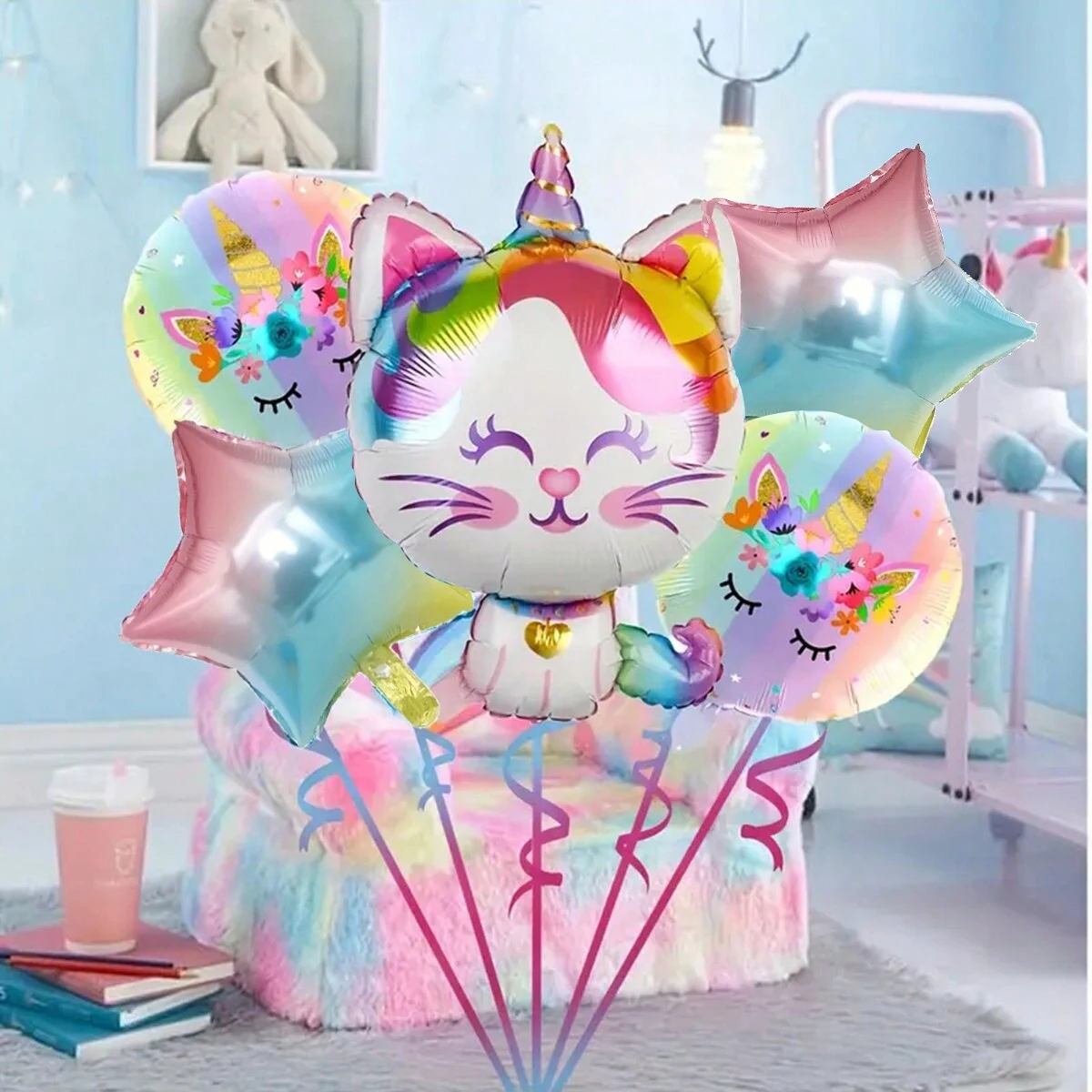 5 pieces Unicorn Cat 18-inch gradient five-pointed star aluminum foil balloon set unicorn theme birthday party decoration balloo