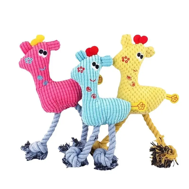 Cartoon Giraffe Plush Dog Chew Toy With Rope Tail Squeaky Stuffed Toy Corduroy Texture Anxiety Relief Interactive Tugging Toy