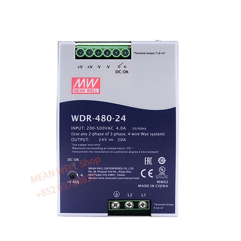 MEAN WELL 480W Ultra Wide Input Industrial DIN Rail Power Supply WDR-480-24 WDR-480-48