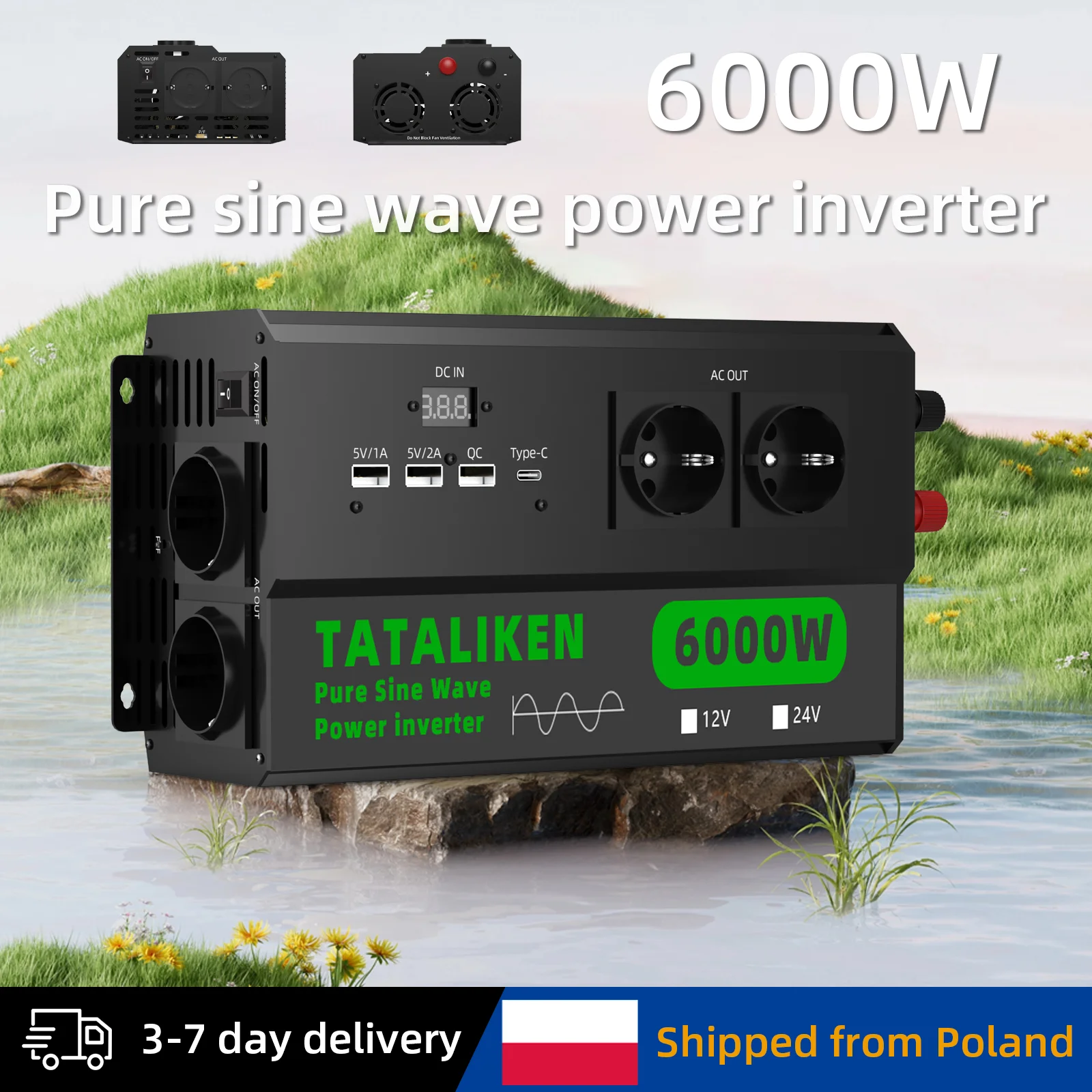 6000W Reiner Sinus-Wechselrichter 12V-220V für Auto, 4 Europäische Steckdosen, LED Digital-Voltmeter, Temperaturgesteuerte Kühlung