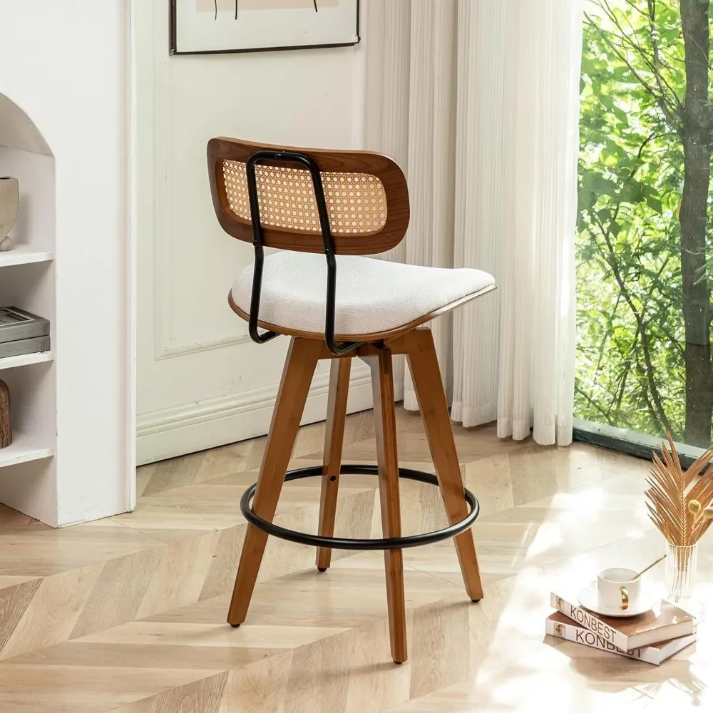 26" Rattan Bar Stools Set of 2, Linen Fabric Counter Height Swivel Barstools with Rattan Backrest and Wooden Legs