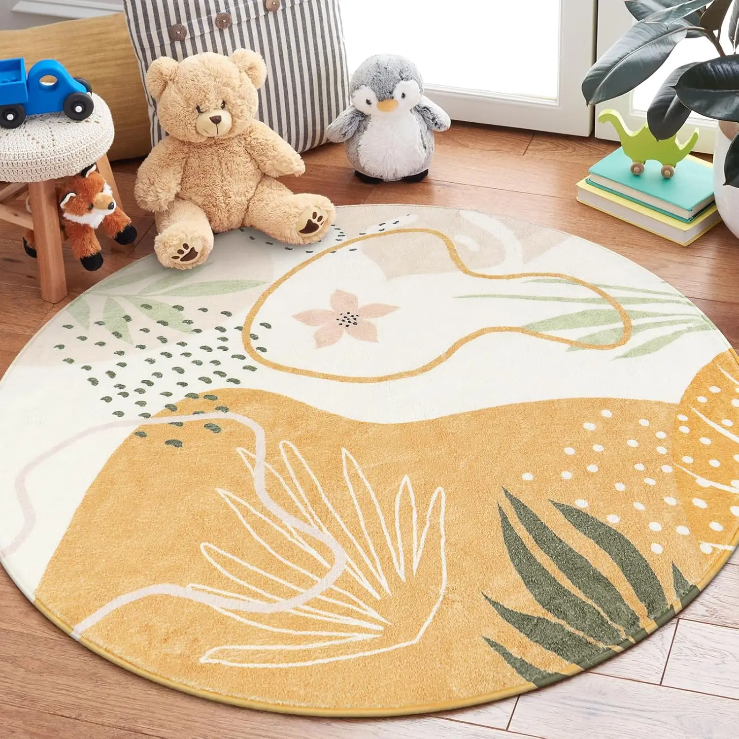 Boho Round Area Rug – Washable Non-Slip Floor Mat, Ultra-Soft Botanical Print Carpet for Kids Room, Bedroom, Kitchen, Dorm
