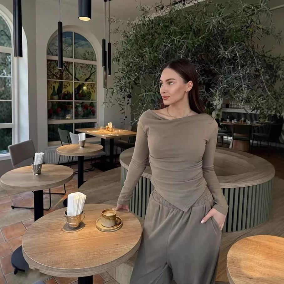 One Shoulder Asymmetric Hem Long Tee Top with Straight Leg Pants Matching Set Spring Summer Lounge Suits