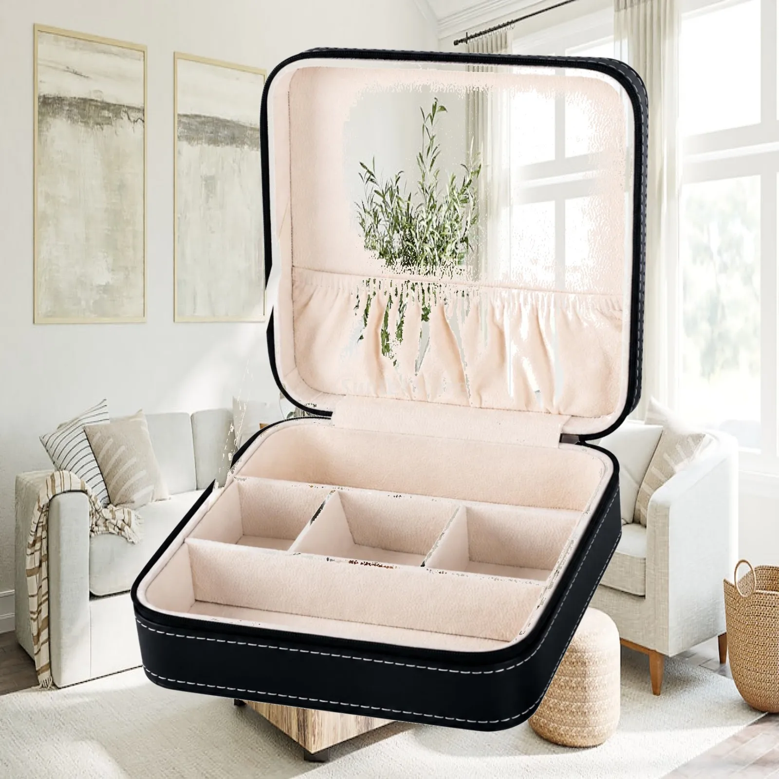 Multi Compartment Eyeglasses Storage Case with Zippered Closure for Sunglasses Watches Jewelry Organizer Box Black PU Leather