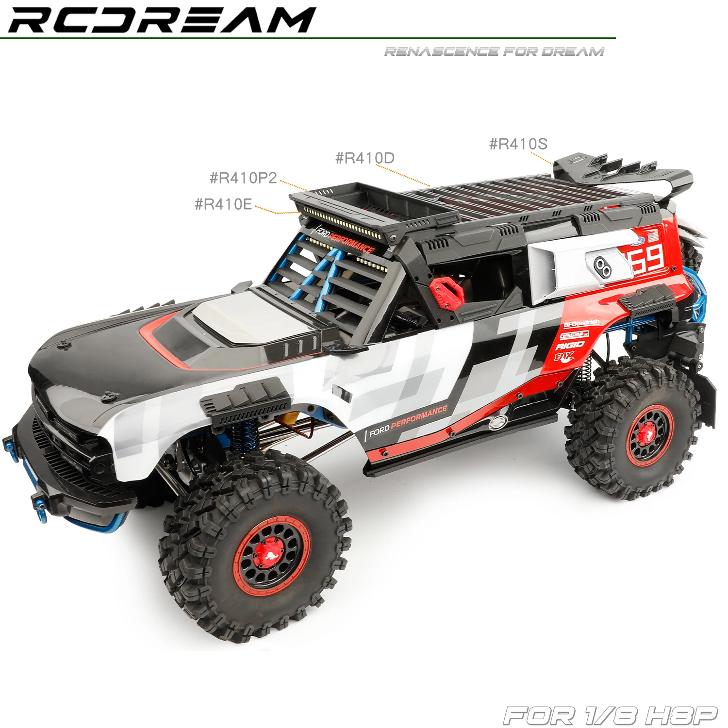 RCDream 1/8 Roof Luggage Rack / Search Light Spotlight / Guard Board / Rail Fin / Gas tank/ Recovery board  for H8P Body Upgrade