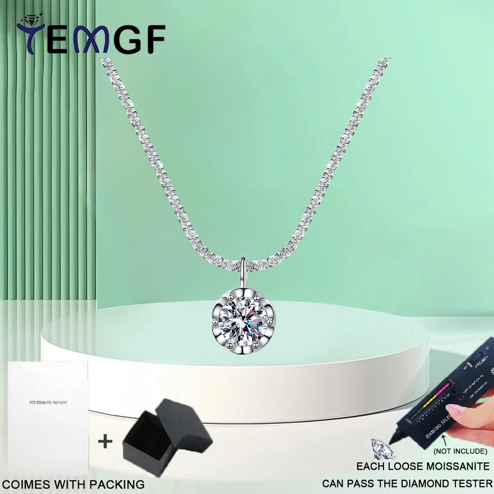

TEMGF 6.5mm/8mm Moissanite/Zircon Pendant Necklaces S925 Sterling Silver Chain for Women Wedding Party Fashion Fine Jewelry