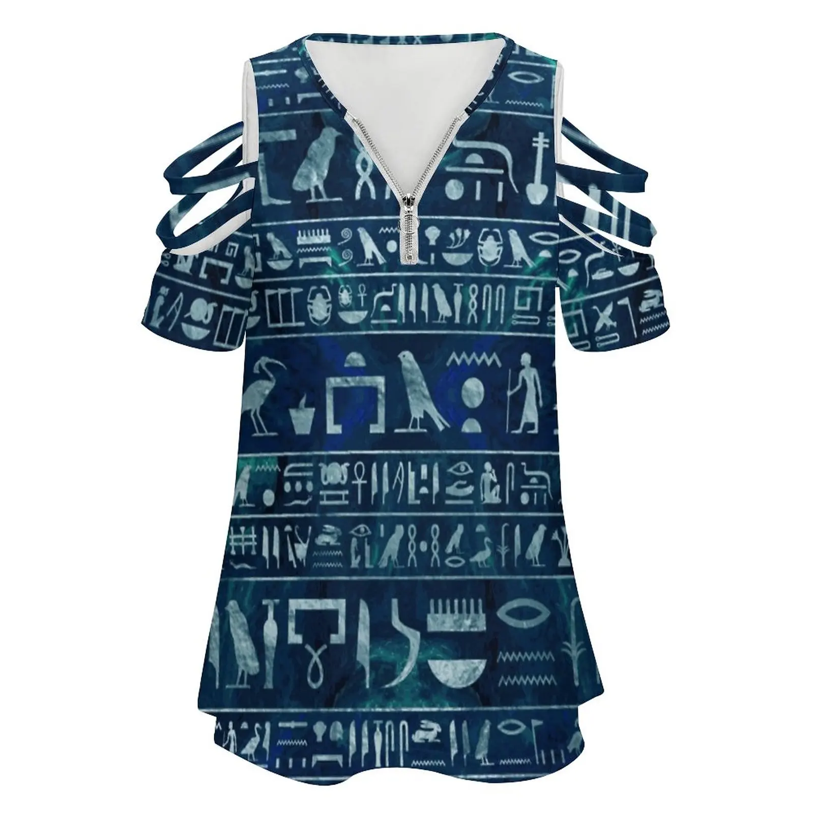 Egyptian Hieroglyphs-Silver On Blue Painted Texture New Fashion Zip Off Shoulder Top Short-Sleeve Women Shirt Egyptian
