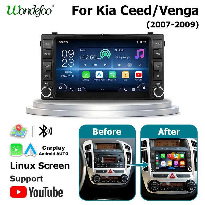 Wondefoo 7'' Carplay linux screen Android AUTO For Kia Ceed/Venga 2007-2009 with car radio stereo multimedia display audio