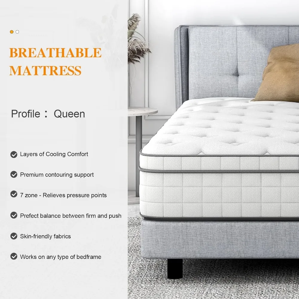 Queen Mattress, Innerspring Mattress with Breathable Foam and Pocket Spring for Motion Isolation
