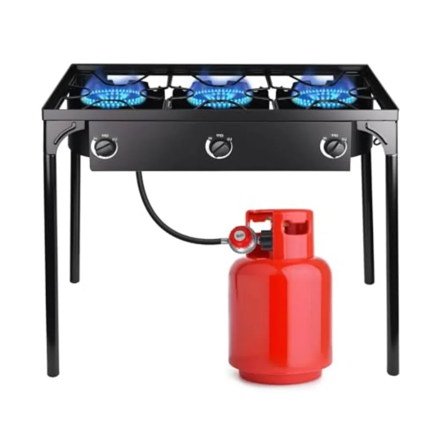 

Outdoor camping stove with 3 burners, high-pressure propane gas, detachable legs, black steel, 225000-BTU output for patio and