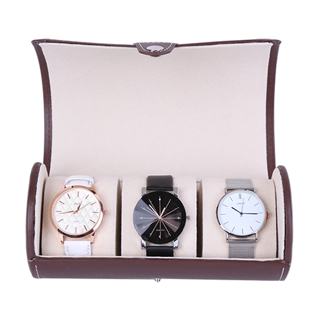

Pu Watch Storage Box Travel Portable Cylindrical Design Dustproof For 3 Watches Coffee Case Jewelry Box