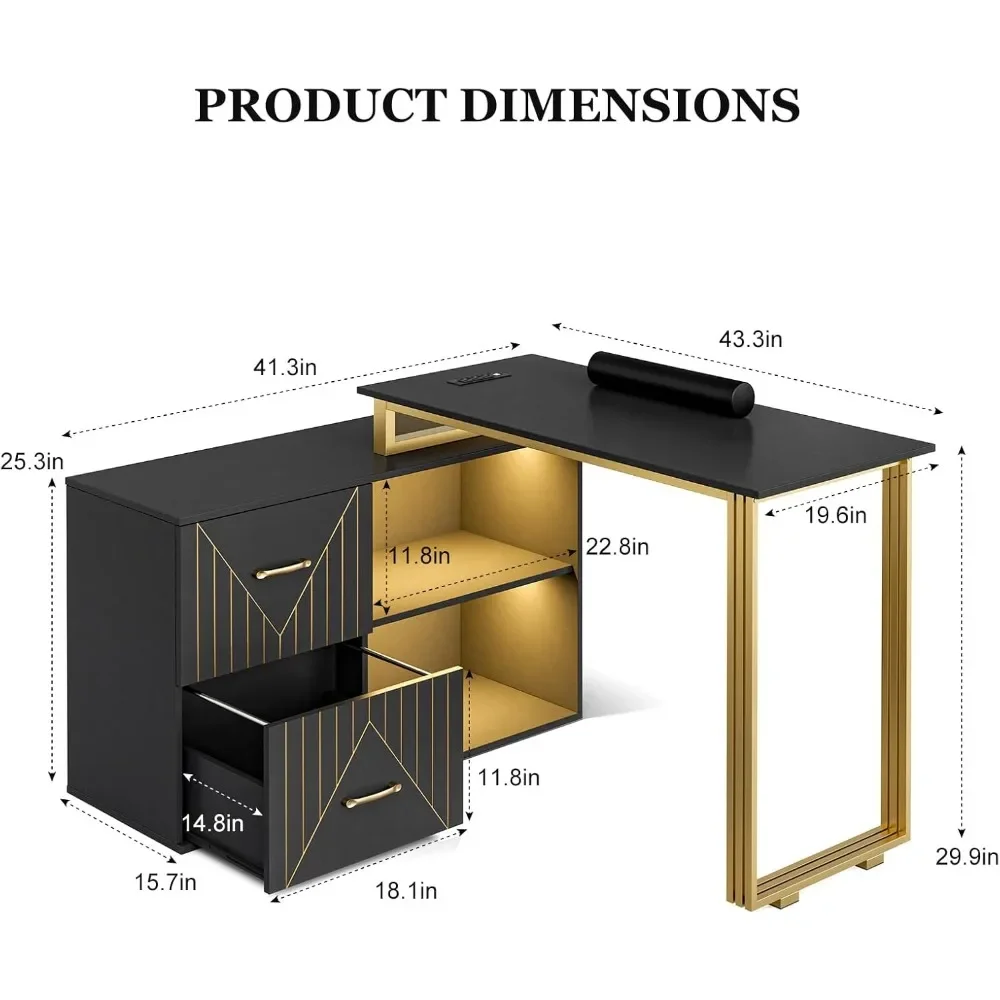 Mesa de manicura para tecnología de uñas con cojín de muñeca, escritorio de uñas de esquina con 2 cajones y 2 estantes, con luces LED de 16 colores